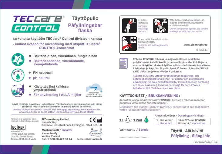 Käyttöliuosetiketti TECcare CONTROL - Working solution bottles and labels - 183831 - 1