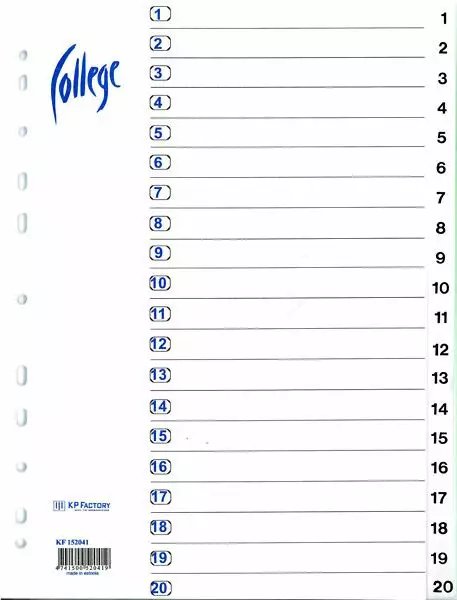 Rekisteri 1-20 A4 kartonki - Rekisterisarjat, kartonkiset - 102096 - 1