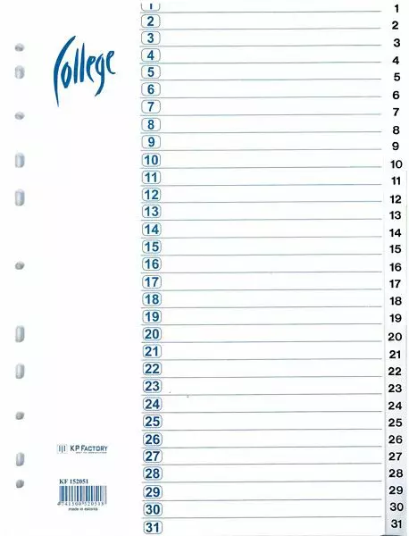 Rekisteri 1-31 A4 kartonki - Index dividers, cardboard - 102097 - 1